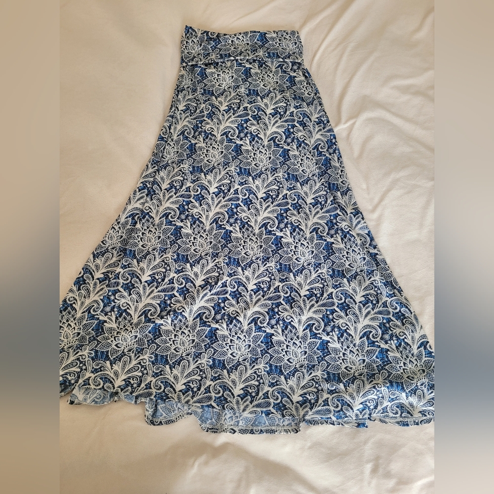 LuLaRoe Blue and White Strapless Floral Maxi Dress
